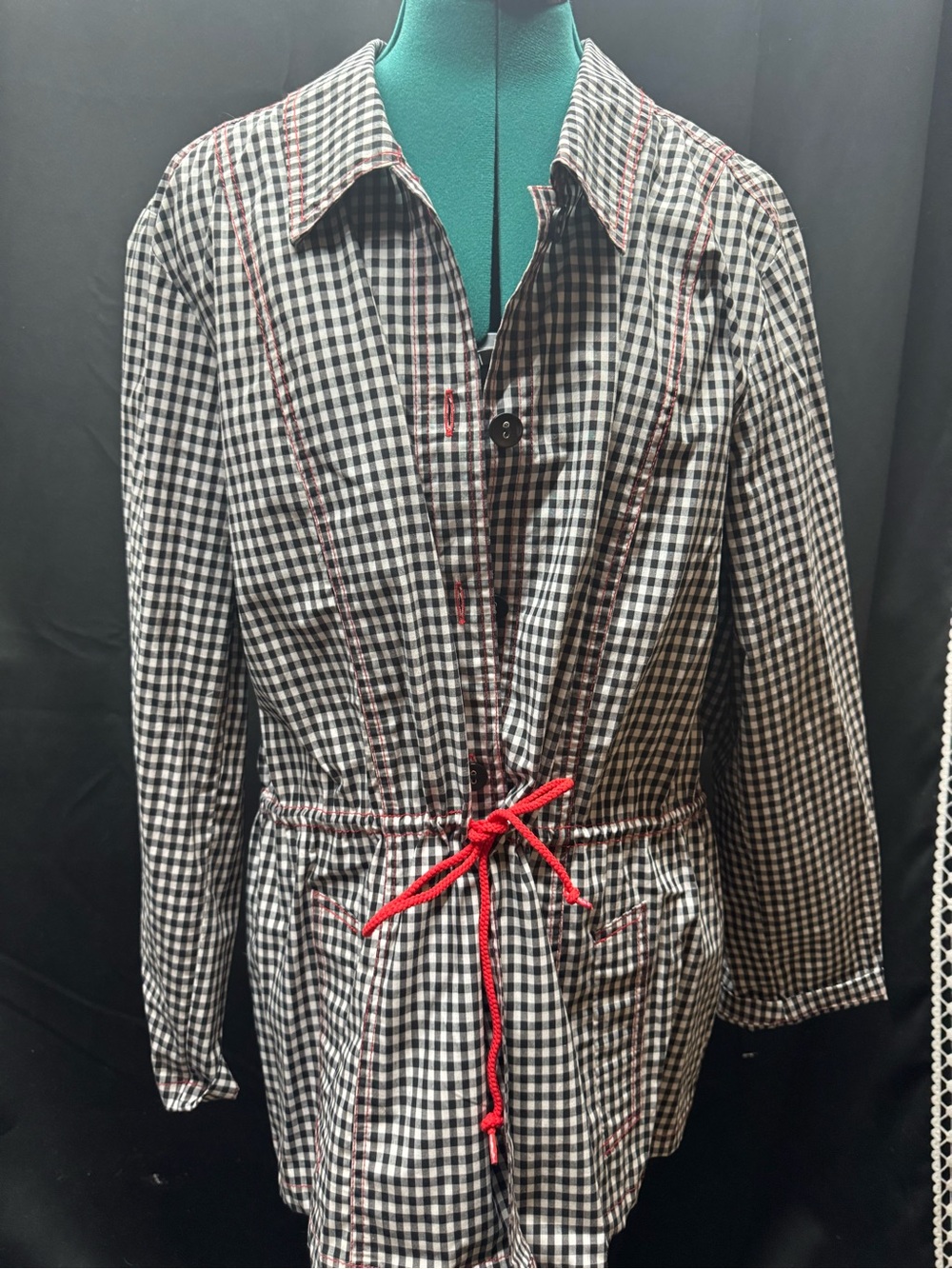 Gingham Drawstring Trench Coat with Red Contrast